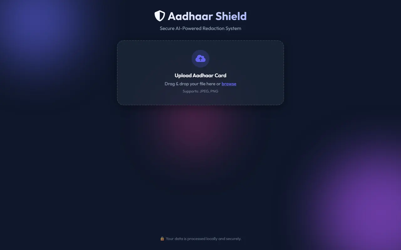 Aadhaar Shield upload screen with a drag-and-drop area for an Aadhaar card image