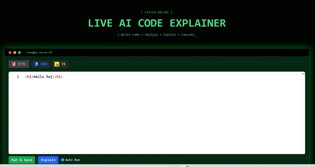 AI Verse code editor with HTML, CSS and JS tabs and an Explain button