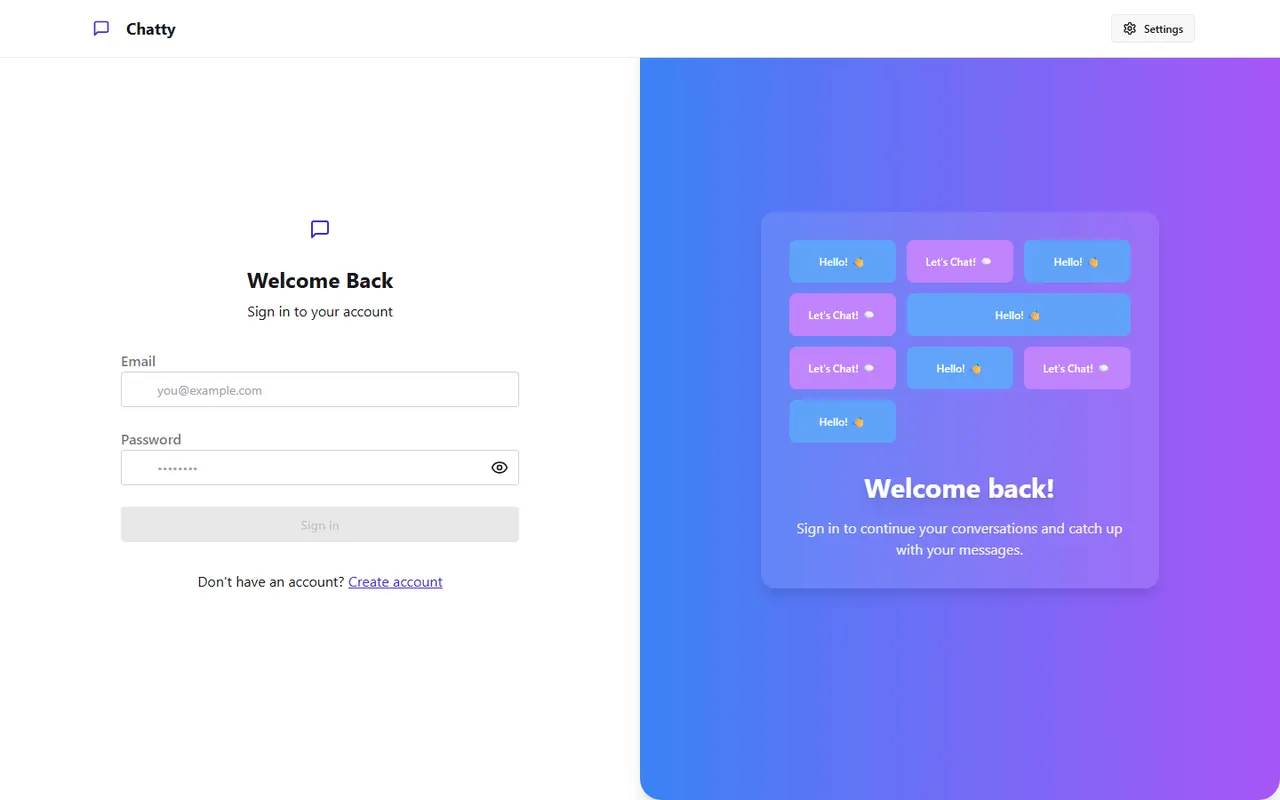 Chatty sign-in screen next to a gradient panel of chat bubbles