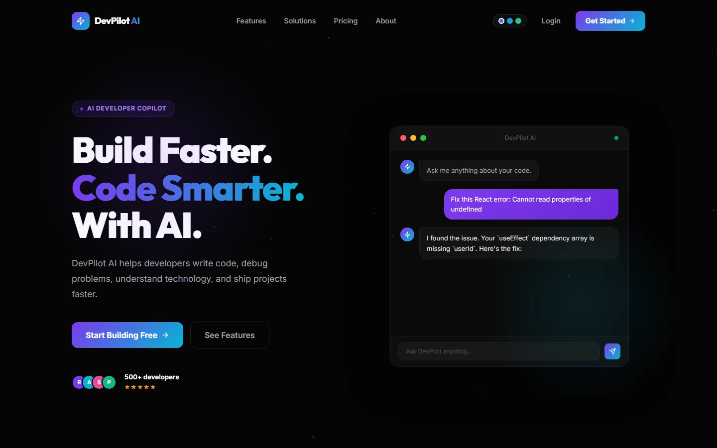 DevPilot AI landing page with an AI chat preview and a Start building button