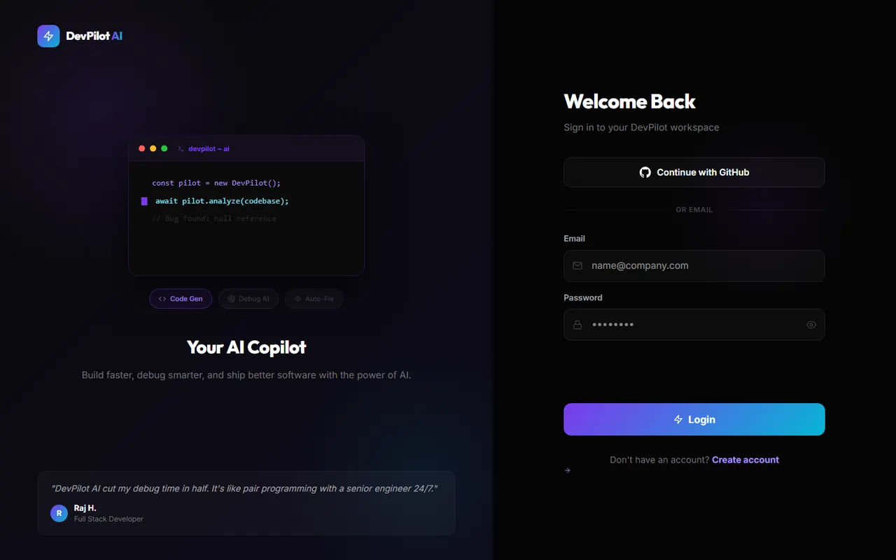 DevPilot AI sign-in page with GitHub sign-in and email login