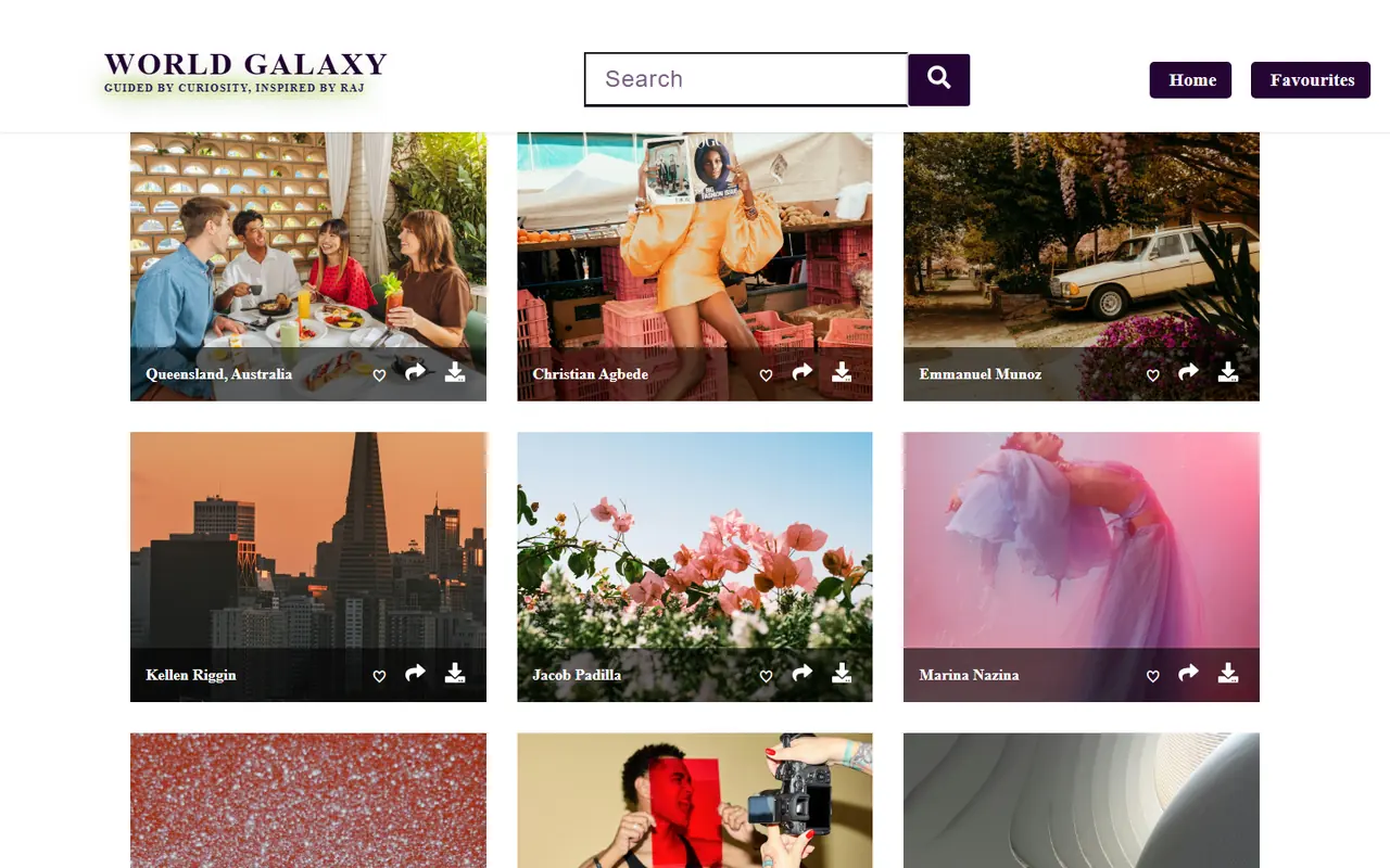 Fotoflix photo grid with search and favourites