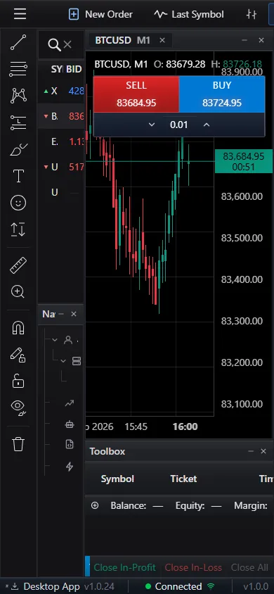 RTX 5 Web Terminal on a phone with a chart and one-click sell and buy